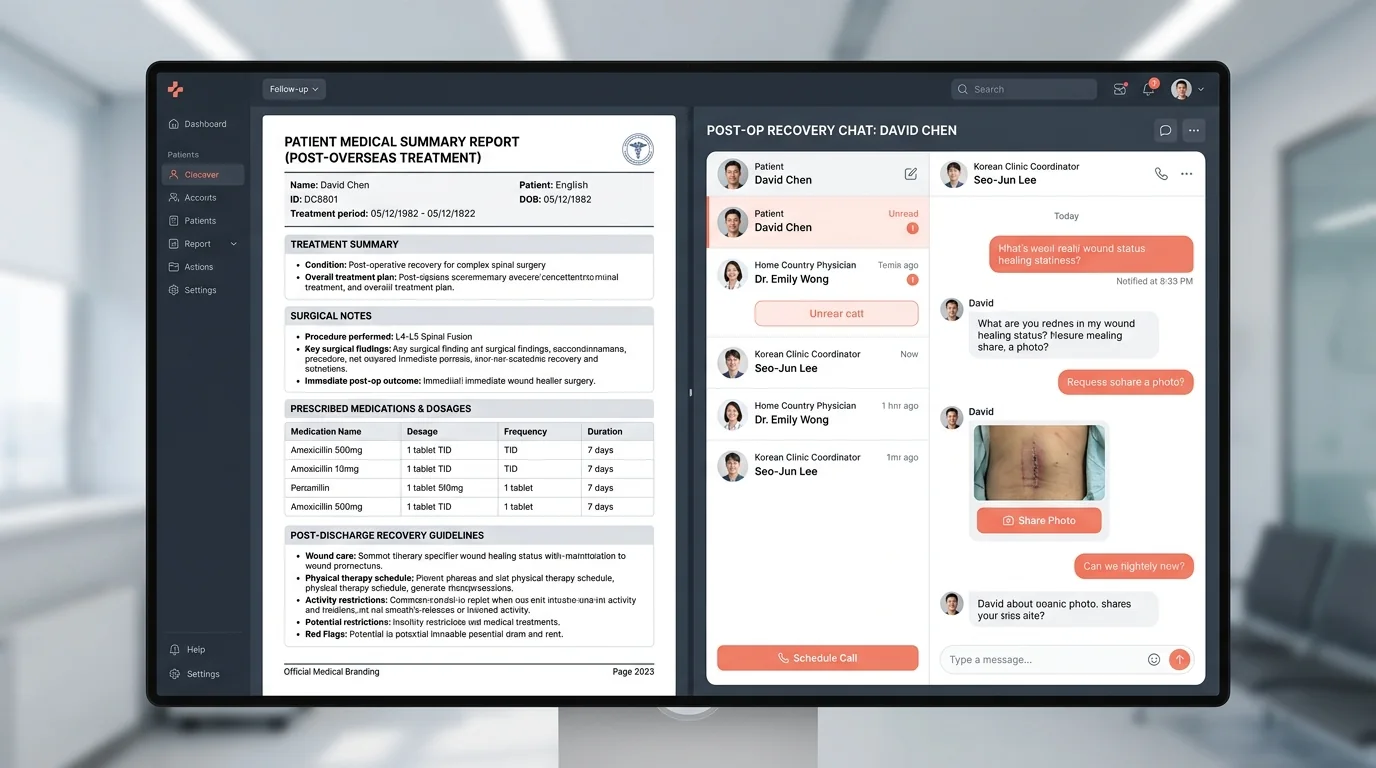 Structured international patient medical summary and post-op recovery messaging