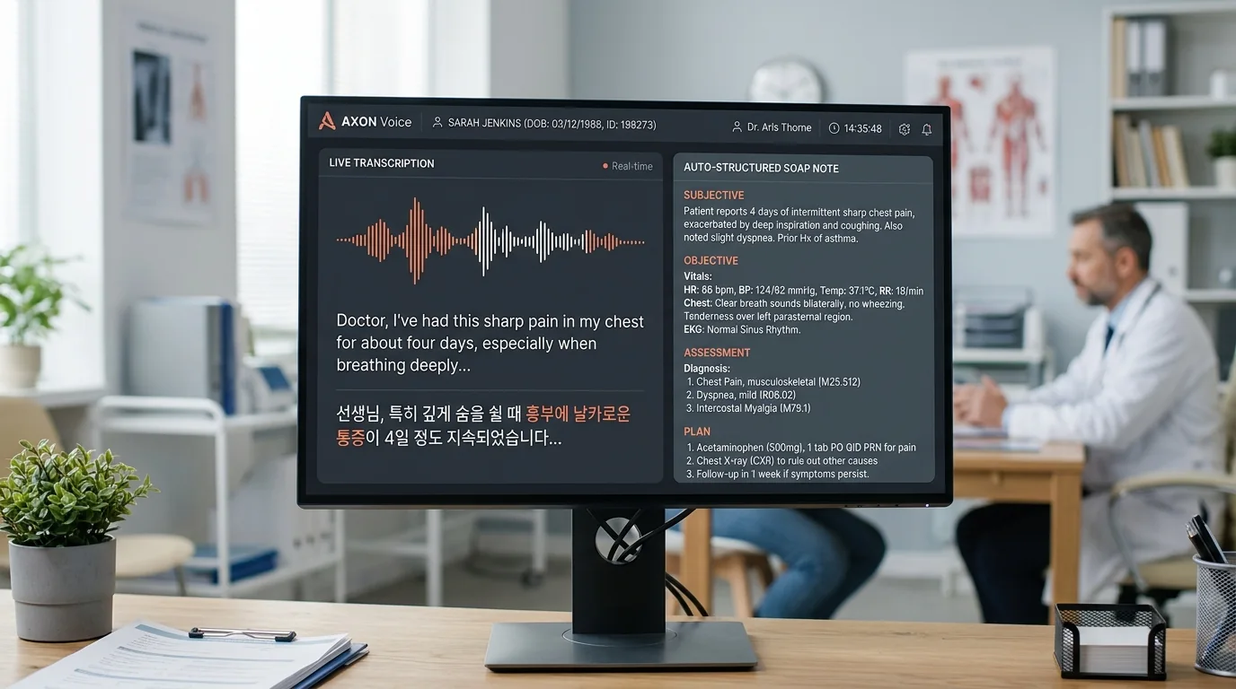 AXON Voice real-time multilingual translation and SOAP clinical note software interface