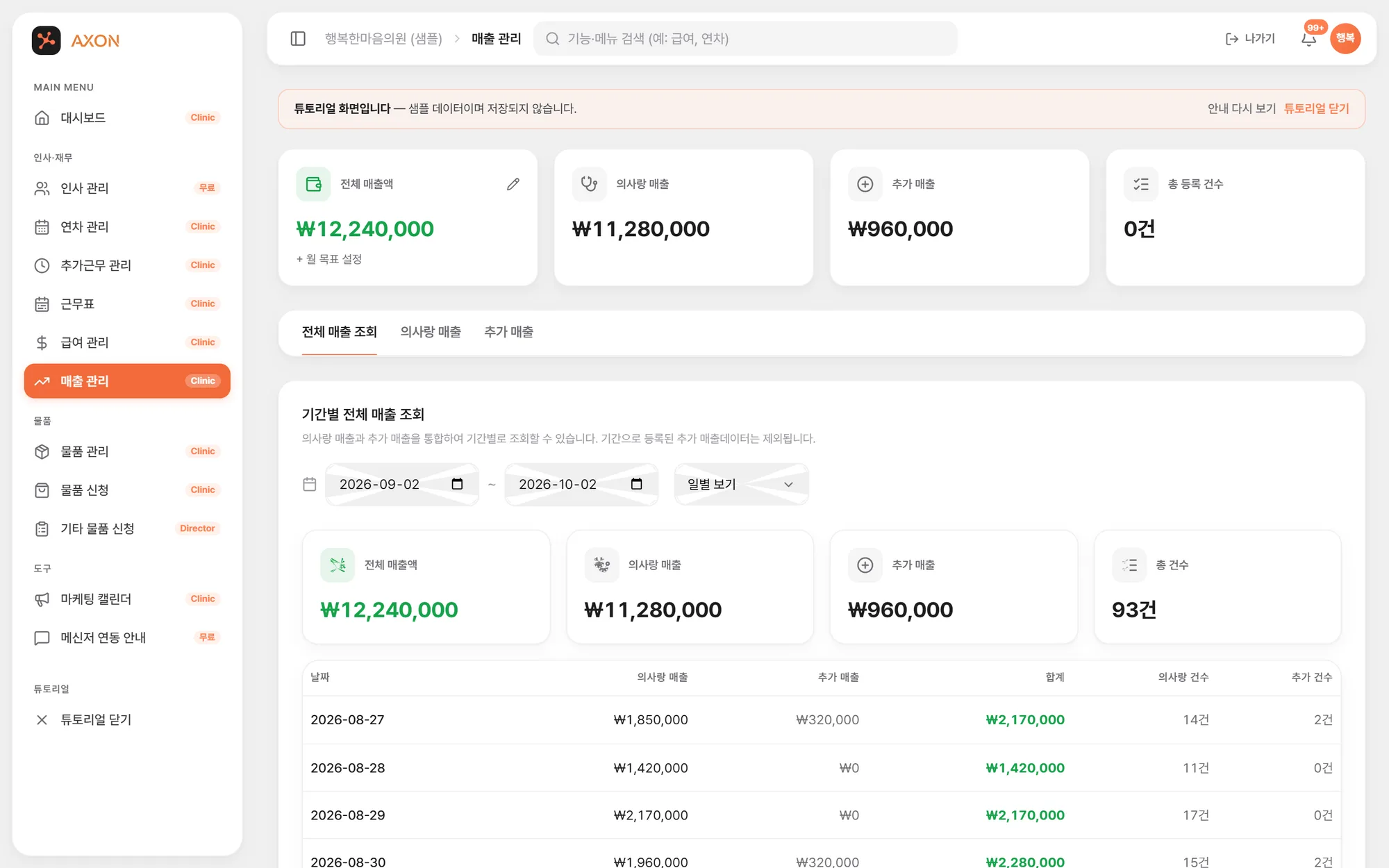 매출 관리 화면 — sol.axonmed.io 튜토리얼 샘플